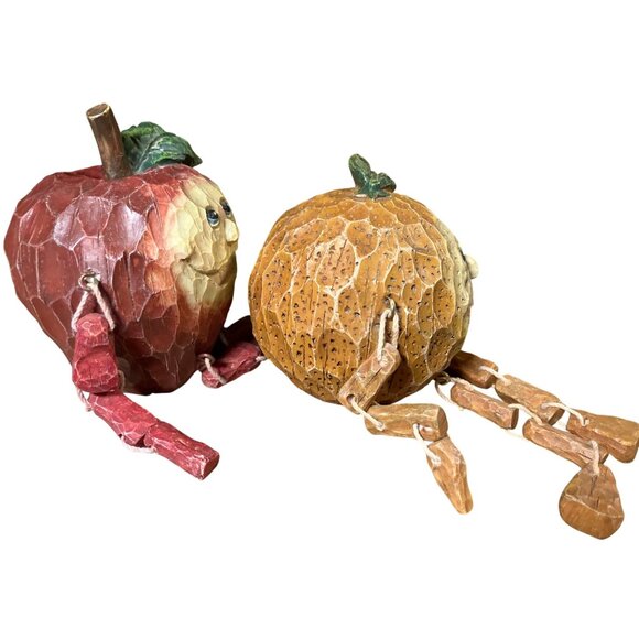 Handcrafted  Orange and Apple Shelf Sitter Lot Anthropomorphic Fruit - Picture 9 of 15